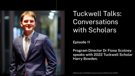 Image of 2022 Scholar Harry Bowden with podcast title 