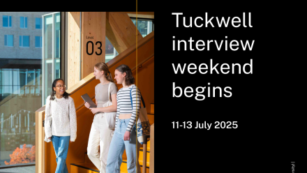 Tile with image and text that says Tuckwell Interview Weekend begins 2025